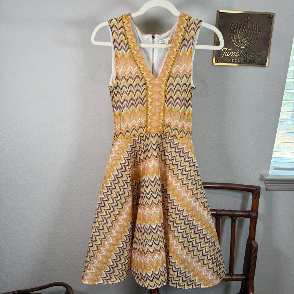 Maje Orange Chevron Zigzag Knit V-Neck Fit and Flare Mini Dress Size 1 Small